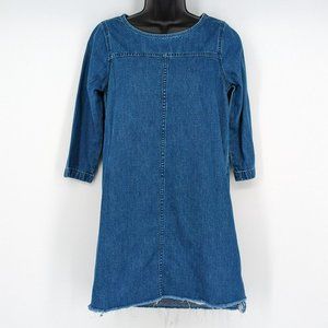 Madewell Denim Shift Dress S Blue Cotton Linen Step Hem Raw Edge ¾ Sleeve Short